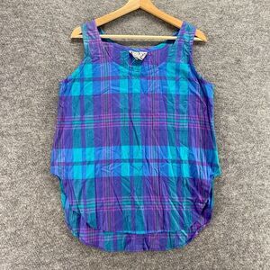 New Pazzle Blouse Women L Large Blue Plaid Sleeveless Wide Strap Round Neck